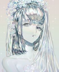 Rule 34 | 1other, androgynous, bare shoulders, bob cut, collarbone, commentary, crystal, crystal hair, diamond (gemstone), diamond (houseki no kuni), eyelashes, flower, gradient background, grey background, grey eyes, grey hair, gyakumushi, hair flower, hair ornament, houseki no kuni, looking at viewer, other focus, portrait, puckered lips, short eyebrows, short hair, solo, sparkle, symbol-only commentary, veil, white flower