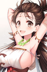 Rule 34 | 1girl, armpits, arms behind head, arms up, bare shoulders, blush, body markings, breasts, brown eyes, brown hair, cleavage, dress, facial mark, fate/grand order, fate (series), forehead, forehead mark, highres, himiko (fate), himiko (first ascension) (fate), jewelry, large breasts, long hair, looking at viewer, magatama, magatama necklace, necklace, open mouth, sakura tsubame, sash, sideboob, smile, solo, topknot, twintails, white dress