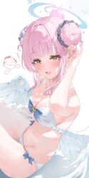Rule 34 | 1girl, angel wings, doodle sensei (blue archive), bikini, blue archive, blush, breasts, chibi, chibi inset, cleavage, collarbone, feathered wings, hair bun, halo, highres, large breasts, long hair, looking at viewer, low wings, mika (blue archive), navel, open mouth, pink hair, scrunchie, sensei (blue archive), shaffelli, simple background, single side bun, sitting, smile, stomach, swimsuit, white background, white bikini, white wings, wing ornament, wings, yellow eyes, yellow nails