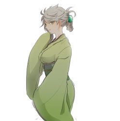 Rule 34 | 10s, 1girl, alternate costume, alternate hair length, alternate hairstyle, asymmetrical hair, braid, commentary request, from side, green kimono, japanese clothes, kantai collection, kimono, kuyuu (somari), looking at viewer, obi, sash, silver hair, single braid, solo, unryuu (kancolle), wide sleeves, yellow eyes