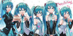 Rule 34 | 5girls, :d, :q, absurdres, aqua eyes, aqua hair, aqua neckwear, bib (bibboss39), black shirt, blouse, cake, closed mouth, detached sleeves, food, grey shirt, happy birthday, hatsune miku, hatsune miku (if), hatsune miku (nt), hatsune miku (vocaloid3), hatsune miku (vocaloid4), highres, long hair, looking at viewer, multiple girls, multiple persona, necktie, one eye closed, open mouth, own hands together, see-through, see-through sleeves, shirt, shoulder tattoo, simple background, sleeveless, sleeveless shirt, smile, tattoo, tongue, tongue out, twintails, very long hair, vocaloid, white background, white shirt