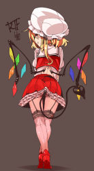 Rule 34 | 1girl, ass, blonde hair, clothes lift, cropped vest, fang, flandre scarlet, full body, garter straps, hat, highres, lace, lace-trimmed legwear, lace trim, laevatein (tail), looking at viewer, looking back, miniskirt, mob cap, petticoat, red eyes, red footwear, red skirt, shamo (koumakantv), shoes, side ponytail, simple background, sketch, skirt, skirt lift, skirt set, smile, solo, standing, tail, thighhighs, tiptoes, touhou, upskirt, vest, white thighhighs, wings