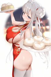 Rule 34 | 1girl, absurdres, ass, bamboo steamer, baozi, breasts, charles (106858), china dress, chinese clothes, cleavage, double bun, dress, food, grey eyes, grey hair, hair bun, highres, holding, large breasts, long hair, looking at viewer, original, red dress, sideboob, solo, standing, sweatdrop, thighhighs, white background, white thighhighs