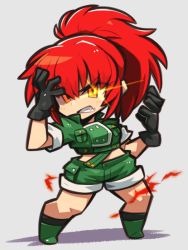 Rule 34 | 1girl, black gloves, chibi, crazy eyes, crop top, cropped jacket, dark persona, earrings, fang, gloves, green jacket, green shorts, high ponytail, ibara., jacket, jewelry, leona heidern, looking at viewer, midriff, military, military uniform, orochi leona, ponytail, red hair, shorts, simple background, snk, soldier, solo, the king of fighters, the king of fighters &#039;97, triangle earrings, uniform, white background, yellow eyes