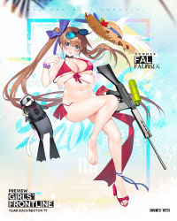Rule 34 | 1girl, ahoge, animal, ankle ribbon, arm under breasts, ass, battle rifle, bikini, blue eyes, blue ribbon, blush, breasts, brown hair, choker, cleavage, collarbone, copyright name, cup, damaged, diving mask, diving suit, eyewear on head, fal (fal&#039;s summer) (girls&#039; frontline), fal (girls&#039; frontline), ferret, floating, floating hair, flower, fn fal, full body, girls&#039; frontline, goggles, groin, gun, hair between eyes, hair ribbon, hat, hat flower, unworn hat, hat ribbon, head tilt, unworn headwear, knee up, large breasts, leg ribbon, logo, long hair, looking at viewer, navel, official alternate costume, official art, open mouth, red bikini, ribbon, rifle, sandals, scrunchie, side-tie bikini bottom, side ponytail, sidelocks, single sandal, solo, stomach, straw hat, suisai (suisao), sunglasses, swimsuit, thigh strap, thighs, torn clothes, torn hat, untied bikini, very long hair, water gun, weapon, wrist scrunchie, wristband