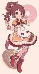 Rule 34 | 1girl, :q, ankle boots, bad id, bad twitter id, blue eyes, boots, bow, bowtie, brown background, brown bow, brown bowtie, brown footwear, brown hair, brown thighhighs, closed mouth, commentary request, doughnut, dress, earrings, food, frilled dress, frilled thighhighs, frills, full body, gomi (kaiwaresan44), hair bow, hair ornament, holding, holding food, idolmaster, idolmaster cinderella girls, jewelry, lace-trimmed sleeves, lace trim, layered dress, long hair, looking at viewer, medium dress, ok sign, pink bow, ponytail, puffy short sleeves, puffy sleeves, shiina noriko, short ponytail, short sleeves, smile, solo, standing, standing on one leg, striped clothes, striped thighhighs, thighhighs, tongue, tongue out, vertical-striped clothes, vertical-striped thighhighs, wrist cuffs, yellow dress