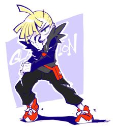Rule 34 | 10s, 1boy, blonde hair, character name, chiyo (shuten dj), covering face, creatures (company), fanny pack, full body, game freak, gladion (pokemon), green eyes, looking at viewer, male focus, nintendo, pokemon, pokemon sm, shoes, simple background, sneakers, solo, vest, white background