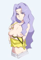 Rule 34 | 1girl, alternate color, bad id, bad pixiv id, bare shoulders, blue hair, breast hold, breasts, breasts out, collarbone, creatures (company), denim, elite four, eyes visible through hair, game freak, jeans, karen (pokemon), long hair, looking at viewer, midriff, nintendo, nipples, no bra, pants, pokemon, purple eyes, purple hair, shiny skin, simple background, smile, solo, tank top, undressing, white background, wigglytuff (pokeacc)