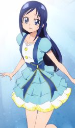 Rule 34 | 1girl, blue eyes, blue hair, blue skirt, dokidoki! precure, gradient background, hishikawa rikka, long hair, looking at viewer, matching hair/eyes, oimanji, precure, ribbon, skirt, solo