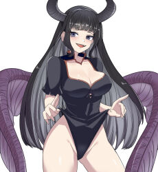 Rule 34 | 1girl, black eyes, black hair, blunt bangs, breasts, cleavage, commentary, cowboy shot, demon horns, feathered wings, granblue fantasy, highres, hime cut, horns, hu-min (okok6341), large breasts, long hair, looking at viewer, magus (granblue fantasy), simple background, solo, white background, wings