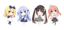 Rule 34 | 4girls, :d, ahoge, aria (utsumire), black bow, black dress, black hair, black pantyhose, black skirt, black thighhighs, blonde hair, blue eyes, blue hair, blush, bow, chibi, closed mouth, colored inner hair, commentary request, dress, eyes visible through hair, flower, green eyes, grey skirt, hair between eyes, hair bow, hair flower, hair ornament, hair ribbon, hand up, happy, high-waist skirt, holding, holding pen, iroha (utsumire), kneehighs, long hair, long sleeves, looking at viewer, low twintails, multicolored hair, multiple girls, neck ribbon, open mouth, original, outstretched arms, pantyhose, pen, pink hair, red eyes, red ribbon, ribbon, sakura (utsumire), shirt, short twintails, side-by-side, simple background, skirt, skirt hold, sleeveless, sleeveless dress, smile, socks, standing, standing on one leg, thighhighs, twintails, utsunomiya tsumire, very long hair, waving, white background, white dress, white flower, white shirt, white socks, yellow flower, yuki (utsumire), zettai ryouiki