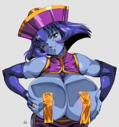Rule 34 | 1girl, :3, absurdres, against glass, arched back, areola slip, artist name, bare shoulders, blue hair, blush stickers, breasts, capcom, curvy, highres, huge breasts, leaning forward, lei lei, looking at viewer, mfnineteen, short hair, signature, simple background, solo, talisman, upper body, vampire (game), white background, yellow eyes