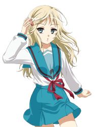 Rule 34 | 1girl, :o, ayuyu0821, blonde hair, blue eyes, blue sailor collar, blue skirt, commentary request, hair ornament, hand in own hair, highres, kita high school uniform, long hair, long sleeves, open mouth, red ribbon, ribbon, sailor collar, school uniform, serafuku, simple background, skirt, solo, standing, suzumiya haruhi no yuuutsu, t (suzumiya haruhi), white background