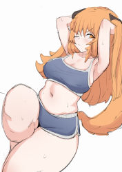 Rule 34 | 1girl, animal ears, annoyed, breasts, dog ears, frown, gym shorts, kemonomi, large breasts, looking at viewer, no bra, one eye closed, orange eyes, orange hair, plump, pout, shorts, solo, sweat, sylvie bernard, sylvies bar, tail, thick thighs, thighs, tsundere, tus77
