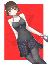Rule 34 | 1girl, absurdres, black pantyhose, black skirt, blunt bangs, blush, brown hair, closed mouth, hachimitsu shitate, highres, holding, holding mask, looking at viewer, mask, miniskirt, niijima makoto, pantyhose, persona, persona 5, plaid, plaid skirt, pleated skirt, red background, red eyes, shiny clothes, shiny legwear, short hair, skirt, solo, standing, sweater, thigh gap, turtleneck, turtleneck sweater, two-tone background, white background, white sweater