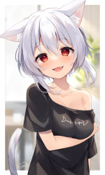 Rule 34 | 1girl, :d, animal ear fluff, animal ears, arm under breasts, bare shoulders, black shirt, blouse, blurry, blurry background, blush, breasts, cat ears, cat girl, cat tail, collarbone, fang, hair between eyes, highres, long hair, looking at viewer, medium breasts, miy@, off shoulder, open mouth, original, red eyes, shirt, short sleeves, signature, silver hair, smile, solo, tail, tail raised, tongue, upper body