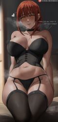 Rule 34 | 1girl, black choker, black garter belt, black panties, black thighhighs, blurry, blurry background, braid, braided ponytail, breasts, chainsaw man, choker, collarbone, english text, garter belt, groin, hair between eyes, heart, highres, indoors, large breasts, light smile, lingerie, long hair, looking at viewer, makima (chainsaw man), navel, orange eyes, oroborus, paid reward available, panties, parted lips, patreon username, red hair, ringed eyes, sitting, solo, stomach, thighhighs, underwear