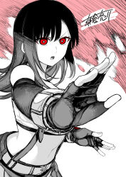 Rule 34 | 1girl, absurdres, asakura ryousuke, bare shoulders, belt, black gloves, black hair, black skirt, bracelet, commentary, crop top, elbow gloves, fighting stance, final fantasy, final fantasy vii, final fantasy vii remake, fingerless gloves, gloves, greyscale, highres, jewelry, long hair, looking to the side, midriff, monochrome, navel, open hands, open mouth, outstretched hand, red eyes, serious, skirt, solo, spot color, suspender skirt, suspenders, swept bangs, tank top, tifa lockhart, upper body, white tank top