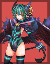 Rule 34 | 1girl, :o, arcana trust, border, breasts, demon girl, elbow gloves, gloves, green hair, highres, horns, large wings, looking at viewer, pointy ears, red background, red eyes, shinrabanshou, short hair, solo, demon girl, symbol-shaped pupils, tail, taishi (artist), taishi (picchiridou), thighhighs, wings