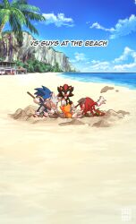 Rule 34 | 5boys, artist logo, artist name, beach, blue sky, building, cloud, day, digging, english text, furry, furry male, gloves, highres, holding, holding shovel, kiioki11, knuckles the echidna, multiple boys, outdoors, palm tree, sand, shadow the hedgehog, shovel, silver the hedgehog, sky, sonic (series), sonic the hedgehog, tails (sonic), tree, water, watermark, white gloves