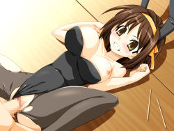 Rule 34 | 00s, animal ears, blush, breasts, breasts out, censored, clenched teeth, clothed sex, clothing aside, drooling, fake animal ears, floor, large breasts, leotard, leotard aside, lying, nipples, pantyhose, playboy bunny, rabbit ears, sex, suzumiya haruhi, suzumiya haruhi no yuuutsu, teeth, torn clothes, torn legwear, vaginal