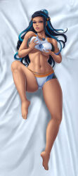 Rule 34 | 1girl, abs, absurdres, alternate breast size, ass, barefoot, bed, blue eyes, blue hair, breasts, creatures (company), dakimakura (medium), dark-skinned female, dark skin, eye contact, eyeshadow, flowerxl, game freak, grabbing, grabbing another&#039;s breast, grabbing own breast, half-closed eyes, highres, huge ass, large breasts, long hair, looking at another, looking at viewer, lying, makeup, muscular, muscular female, nessa (pokemon), nintendo, on back, on bed, pokemon, pokemon swsh, shirt, shorts, solo, spread legs, tank top, thick thighs, thighs, toes, video game character, wide hips