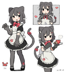 Rule 34 | 156m, 1girl, :3, animal ears, animal hands, apron, back bow, black dress, black footwear, black hair, blush, blush stickers, bow, brown eyes, cat ears, cat girl, cat paws, cat tail, cowboy shot, dated, double-parted bangs, dress, drink, finger heart, full body, highres, low twintails, maid, maid apron, mary janes, multiple views, non-web source, open mouth, original, puffy sleeves, shoes, short sleeves, short twintails, simple background, sleeve cuffs, tail, tail bow, tail ornament, tray, twintails, upper body, white apron, white background