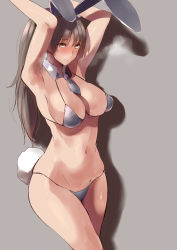Rule 34 | 1girl, amane ruri, animal ears, armpits, arms up, bikini, blush, breasts, brown eyes, cowboy shot, detached collar, fake animal ears, fake tail, grey background, has bad revision, has downscaled revision, heavy breathing, highres, large breasts, long hair, looking at viewer, md5 mismatch, navel, necktie, original, ponytail, rabbit girl, rabbit tail, resolution mismatch, shadow, sideboob, simple background, skindentation, solo, source smaller, standing, swimsuit, tail, wide hips