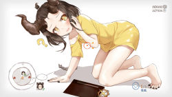 Rule 34 | 1girl, ?, absurdres, all fours, arm support, bad id, bad pixiv id, bangs pinned back, bare legs, barefoot, black nails, blush, braid, braided ponytail, brown eyes, brown hair, chinese commentary, chinese text, commentary request, crosshair, dress, drooling, unworn eyewear, full body, glasses, hand up, heart, highres, horns, indie virtual youtuber, long hair, looking at viewer, minimap, monster hunter, monster hunter: world, monster hunter (series), multiple views, nail polish, open mouth, oshin0 (vtuber), oshin0 (zheng), saliva, short sleeves, simple background, single bare shoulder, toenail polish, toenails, translation request, user interface, virtual youtuber, white background, yellow dress