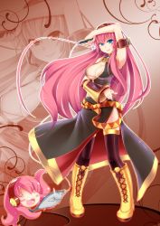 Rule 34 | 1girl, blue eyes, bokushi, boots, breasts, cleavage, female focus, fishing hook, fishing line, full body, headset, highres, long hair, megurine luka, microphone, partially colored, pink hair, skirt, smile, solo, takoluka, tentacle head, thighhighs, tuna, very long hair, vocaloid, whip