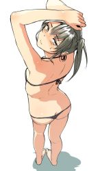 Rule 34 | 10s, 1girl, arms up, ass, bare legs, barefoot, bikini, black bikini, blush, breasts, butt crack, closed mouth, contrapposto, from above, from behind, grey eyes, kantai collection, looking back, looking up, satsuki neko, simple background, small breasts, solo, standing, string bikini, sweatdrop, swimsuit, twintails, white background, zuikaku (kancolle)