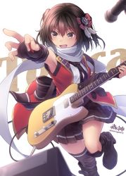 Rule 34 | 10s, 1girl, :d, adapted costume, armpits, asymmetrical legwear, black skirt, boots, brown eyes, brown hair, commentary request, elbow gloves, electric guitar, eyebrows, fender telecaster, fingerless gloves, full body, gloves, guitar, hair between eyes, hair ribbon, holding, instrument, kantai collection, looking to the side, microphone, mismatched legwear, morigami (morigami no yashiro), necktie, open clothes, open mouth, open shirt, pleated skirt, plectrum, reaching, reaching towards viewer, red shirt, ribbon, scarf, sendai (kancolle), sendai kai ni (kancolle), shirt, short hair, simple background, skirt, sleeveless, sleeveless shirt, smile, solo, speaker, striped clothes, striped thighhighs, thighhighs, twitter username, white background, white scarf, white shirt