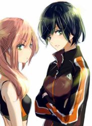 Rule 34 | 10s, 2girls, asagao to kase-san, black hair, character request, crossed arms, from side, jacket, kase, kase-san, kase (kase-san), multiple girls, official art, parted lips, pink hair, short hair, sideways glance, simple background, sports bra, sunlight, takashima hiromi, track jacket, upper body, very short hair