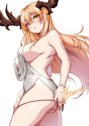 Rule 34 | 1girl, :o, ass, azur lane, backless dress, backless outfit, bare shoulders, blonde hair, bracelet, breasts, brown eyes, commission, cosplay, cowboy shot, dated, dress, from below, from side, grey dress, highres, horns, jewelry, large breasts, long hair, looking at viewer, looking down, original, panties, panty pull, parted lips, plunging neckline, rantia, red panties, revealing clothes, sideboob, signature, simple background, solo, st. louis (azur lane), st. louis (azur lane) (cosplay), st. louis (luxurious wheels) (azur lane), underwear, very long hair, white background