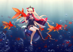 Rule 34 | amberdl, animal, anklet, artist name, asymmetrical legwear, between breasts, black dress, blonde hair, breasts, bubble, bubble background, cape, cloak, dress, ereshkigal (fate), fate/grand order, fate (series), fish, fish background, floating hair, goldfish, hair ribbon, highres, holding, holding animal, holding fish, jewelry, long hair, red cape, red cloak, red eyes, red ribbon, ribbon, short dress, sitting, solo, strap, strap between breasts, tiara, twintails, two side up, uneven legwear, very long hair