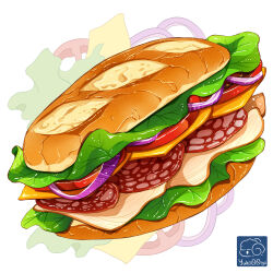 Rule 34 | artist logo, artist name, bread, food, food focus, ham, highres, lettuce, meat, no humans, onion, original, salami, sandwich, tomato, tomato slice, yuki00yo