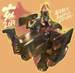 Rule 34 | 1girl, 2019, armor, bengus, black footwear, blue eyes, boots, brown hair, brown thighhighs, character request, commentary request, copyright request, crossed legs, full body, happy new year, highres, knee boots, knee pads, long hair, looking at viewer, mecha, new year, open mouth, pauldrons, ponytail, robot, shoulder armor, sitting, solo focus, swept bangs, thighhighs, thighhighs under boots, translation request