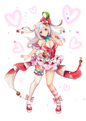 Rule 34 | 1girl, absurdres, apple hair ornament, aqua bow, arm garter, bare shoulders, beads, blush, bow, bra, breasts, brown ribbon, choker, cleavage, confetti, dress, eyelashes, food-themed hair ornament, frilled dress, frilled kneehighs, frills, fruits fulcute!, full body, grey hair, hair bow, hair ornament, hair ribbon, hand up, head tilt, headset, heart, highres, jewelry, kneehighs, lace, lace bra, lace trim, long hair, looking at viewer, parted lips, pendant, pigeon-toed, red dress, red eyes, red footwear, ribbon, ringo (fruits fulcute!), shoes, single kneehigh, single sock, single thighhigh, sleeveless, smile, socks, solo, standing, star (symbol), star hair ornament, striped bow, striped clothes, striped socks, thighhighs, two-sided fabric, two-sided skirt, underwear, white background, white ribbon, white socks, y.i. (lave2217)