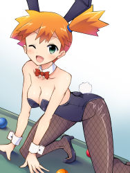 Rule 34 | 1girl, ;d, all fours, alternate color, alternate costume, animal ears, ball, bare shoulders, billiard ball, billiards, blush, bow, bowtie, breasts, chro (rulurullu), cleavage, collarbone, covered erect nipples, creatures (company), detached collar, fake animal ears, fishnet pantyhose, fishnets, game freak, green eyes, high heels, highres, hip focus, indoors, legs, leotard, looking at viewer, misty (pokemon), necktie, nintendo, one eye closed, open mouth, orange hair, pantyhose, playboy bunny, pokemon, pokemon (anime), pool table, rabbit ears, rabbit tail, short hair, side ponytail, smile, solo, table, tail, unmoving pattern, wink, wrist cuffs