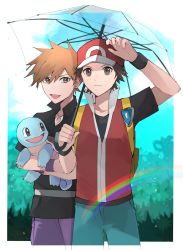 Rule 34 | 2boys, :d, backpack, bag, baseball cap, black shirt, black wristband, blue oak, border, brown eyes, brown hair, closed mouth, collared shirt, commentary, creatures (company), day, game freak, gen 1 pokemon, green pants, hat, highres, holding, holding pokemon, holding umbrella, jacket, jewelry, male focus, multiple boys, necklace, nintendo, norisukep, open mouth, outdoors, pants, pokemon, pokemon (creature), pokemon frlg, purple pants, rainbow, red (pokemon), red headwear, red jacket, shirt, short hair, sleeveless, sleeveless jacket, smile, spiked hair, squirtle, symbol-only commentary, t-shirt, tongue, transparent, transparent umbrella, umbrella, vs seeker, white border, yellow bag
