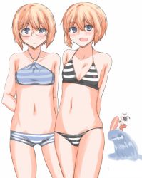 Rule 34 | 4girls, arms behind back, bikini, blonde hair, blue eyes, bob cut, charlotte e. yeager, collarbone, erica hartmann, failure, francesca lucchini, glasses, hakusen-hiki, multiple girls, navel, open mouth, short hair, siblings, simple background, sisters, smile, strike witches, strike witches: suomus misfits squadron, striped bikini, striped clothes, surfboard, surfing, swimsuit, twins, ursula hartmann, water, waves, waving, white background, world witches series