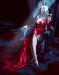 Rule 34 | 1girl, blood, bonnie tang, breasts, carmilla, castlevania (series), castlevania (netflix), dress, elbow gloves, fingernails, gloves, konami, lipstick, long fingernails, long hair, looking at viewer, makeup, nail polish, pale skin, red lips, red nails, simple background, solo, vampire, white hair