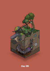 Rule 34 | absurdres, boned meat, campfire, climbing, commentary request, diorama, food, gozz, highres, isometric, meat, monster, oil, olmec head, original, purple eyes, red background, rope, torch, tree