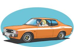 Rule 34 | 2girls, absurdres, blonde hair, blue eyes, blue hair, car, collared shirt, cup, dodge (company), dodge colt, drinking straw, drinking straw in mouth, driving, highres, holding, holding cup, long hair, long sleeves, looking ahead, looking to the side, motor vehicle, multiple girls, muscle car, omochi (ricecake9322), original, pink shirt, shadow, shirt, short hair, short sleeves, t-shirt, vehicle focus, white shirt