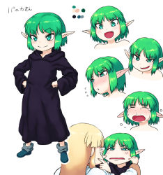 Rule 34 | 2girls, amnesia (idea factory), blush, character request, character sheet, cheek pull, color guide, crying, ear blush, expressions, fang, green eyes, green hair, hands on own hips, multiple girls, pointy ears, robe, short hair, smirk, tsukudani (coke-buta), white background