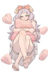 Rule 34 | 1girl, annoyed, barefoot, closed mouth, crossed legs, dress, full body, grey eyes, grey hair, highres, holding, holding pillow, kimura 731, knees, legs, long hair, looking at viewer, original, pillow, simple background, solo, toenails, toes, v-shaped eyebrows, white background, white dress