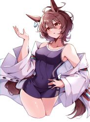 Rule 34 | 1girl, agnes tachyon (umamusume), ahoge, animal ears, blue one-piece swimsuit, blue school swimsuit, brown eyes, brown hair, coat, earrings, highres, horse ears, horse girl, horse tail, jewelry, lab coat, messy hair, misoni (mi so ni t), nontraditional school swimsuit, one-piece swimsuit, school swimsuit, short hair, simple background, single earring, solo, swimsuit, tail, test tube, tracen swimsuit, umamusume, white background, white coat, wide sleeves