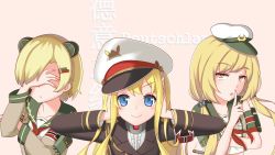 Rule 34 | 3girls, admiral scheer (warship girls r), aiguillette, animal ears, armband, black jacket, blonde hair, closed mouth, collarbone, crop top, deutschland (warship girls r), fake animal ears, finger to mouth, graf spee (warship girls r), grey shirt, hair ornament, hairclip, hand on own ear, hand over face, hat, highres, index finger raised, jacket, long hair, long sleeves, looking at viewer, low twintails, military, military uniform, multiple girls, open mouth, orange eyes, peaked cap, pink background, portrait, sailor collar, sasya, shirt, short hair, smile, text focus, three monkeys, torpedo, twintails, uniform, warship girls r, white hat