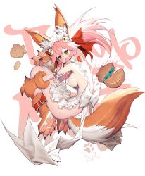 Rule 34 | 1girl, animal ear fluff, animal ears, animal hands, apron, blush, breasts, cat hair ornament, cat paws, collar, commentary request, fangs, fate/grand order, fate (series), fetal position, fox ears, fox girl, fox tail, full body, gloves, hair ornament, highres, hugging own legs, large breasts, long hair, maid headdress, mandrill, naked apron, open mouth, paw gloves, paw shoes, pink hair, shoes, sideboob, solo, tail, tamamo (fate), tamamo cat (fate), tamamo cat (third ascension) (fate)