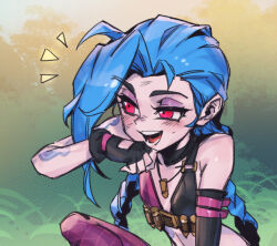 Rule 34 | 1girl, arm tattoo, asymmetrical bangs, black gloves, blue hair, blush, braid, breasts, bullet necklace, fingerless gloves, gloves, grass, jinx (league of legends), league of legends, long hair, open mouth, outdoors, phantom ix row, red eyes, single bare arm, small breasts, smile, solo, stomach tattoo, tattoo, teeth, tree, twin braids